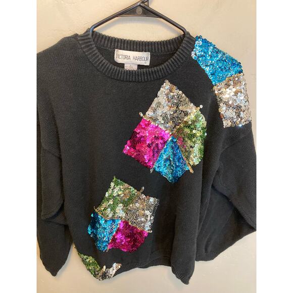 Vintage 80's Victoria Harbour Bright Sequined Long Sleeve Black Sweater Large - Picture 4 of 8